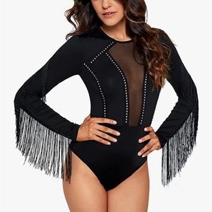 SweatyRocks Women's Fringe Long Sleeve Sheer Mesh Bodysuit